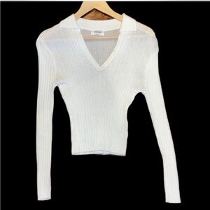 White Ribbed V-Neck Top-Sz L